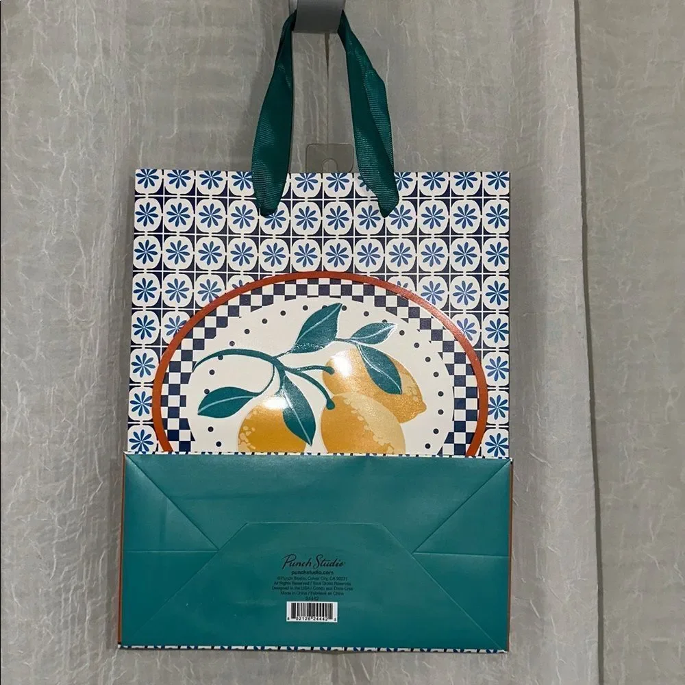 Punch Studio WHITE NAVY GOLD Floral Lemons Checkered RIBBON HANDLES GIFT BAG